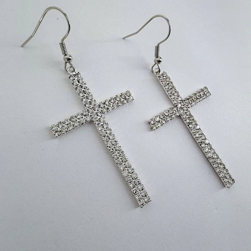 Rhinestone Drop Dangle Cross Earrings