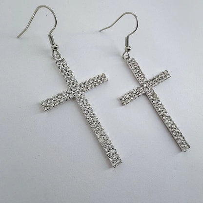 Rhinestone Drop Dangle Cross Earrings