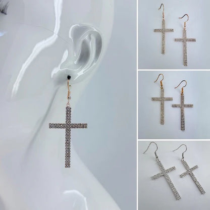 Rhinestone Drop Dangle Cross Earrings