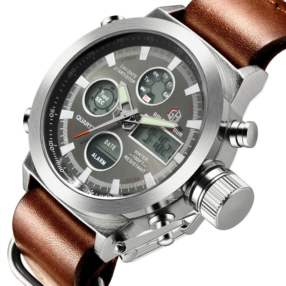 Luxury men military wrist watch with analog and digital display features and a brown leather strap.