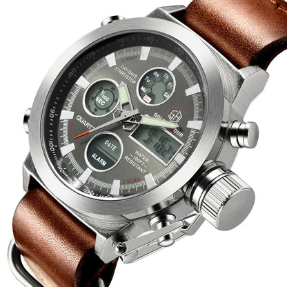 Luxury men military wrist watch with analog and digital display features and a brown leather strap.