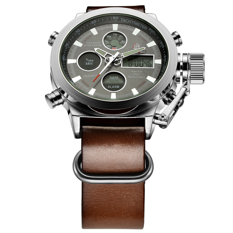 luxury men military wrist watch with a silver case and brown leather strap on a textured black background