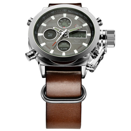 luxury men military wrist watch with a silver case and brown leather strap on a textured black background