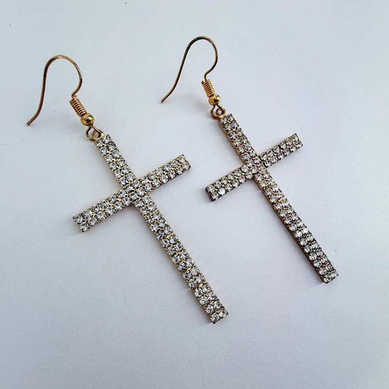 Rhinestone Drop Dangle Cross Earrings