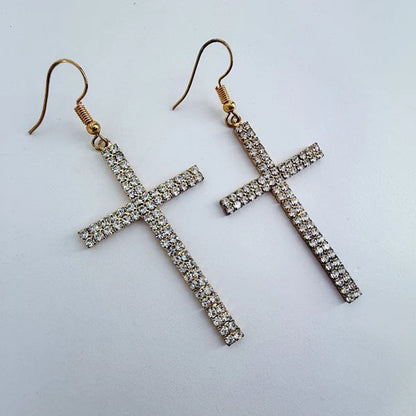 Rhinestone Drop Dangle Cross Earrings