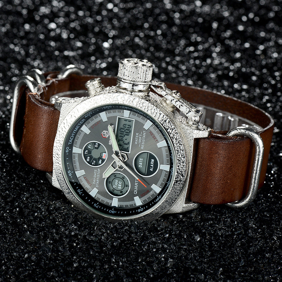 luxury men military wrist watch with a silver case and brown leather strap on a textured black background