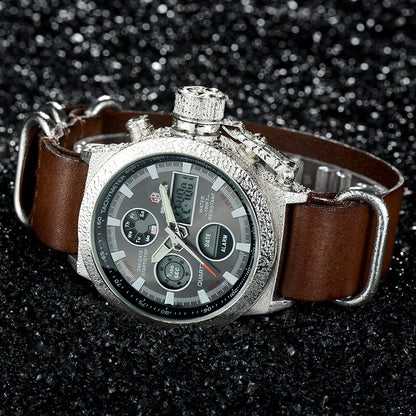 luxury men military wrist watch with a silver case and brown leather strap on a textured black background