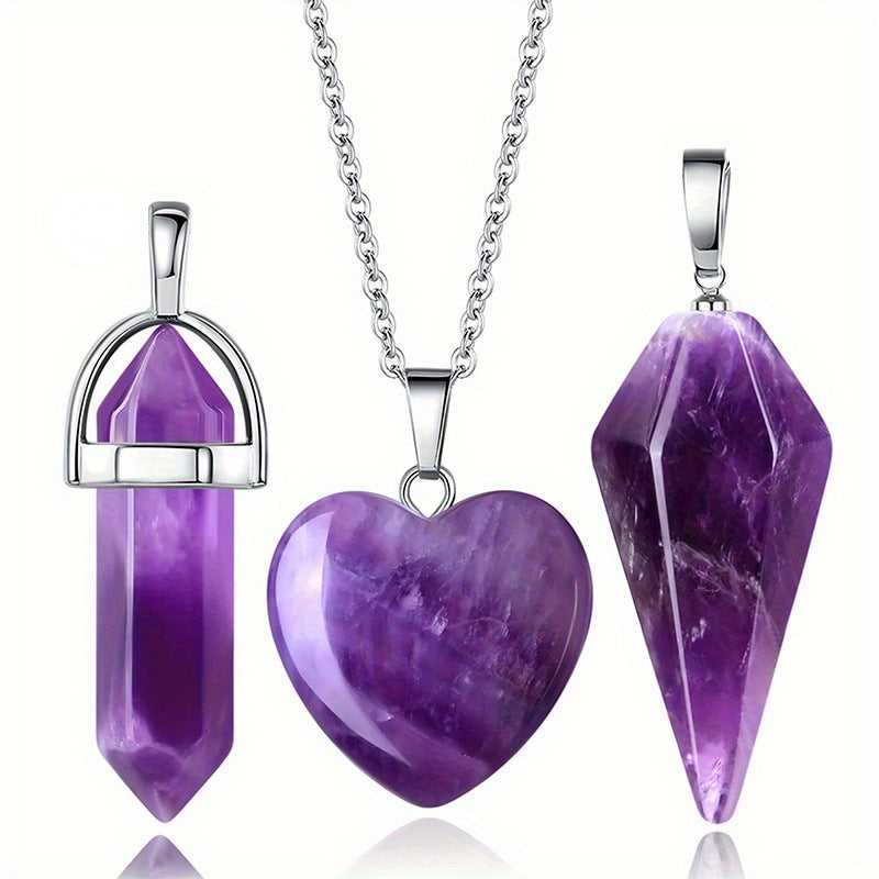 Purple Crystal Natural Stone Hexagonal Column Pendant Necklace