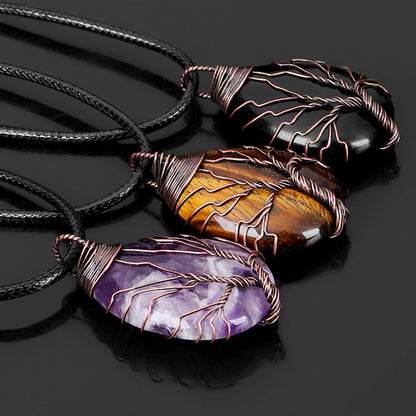 Crystal Drop-shaped Winding Tree Of Life Pendant Necklace Jewelry