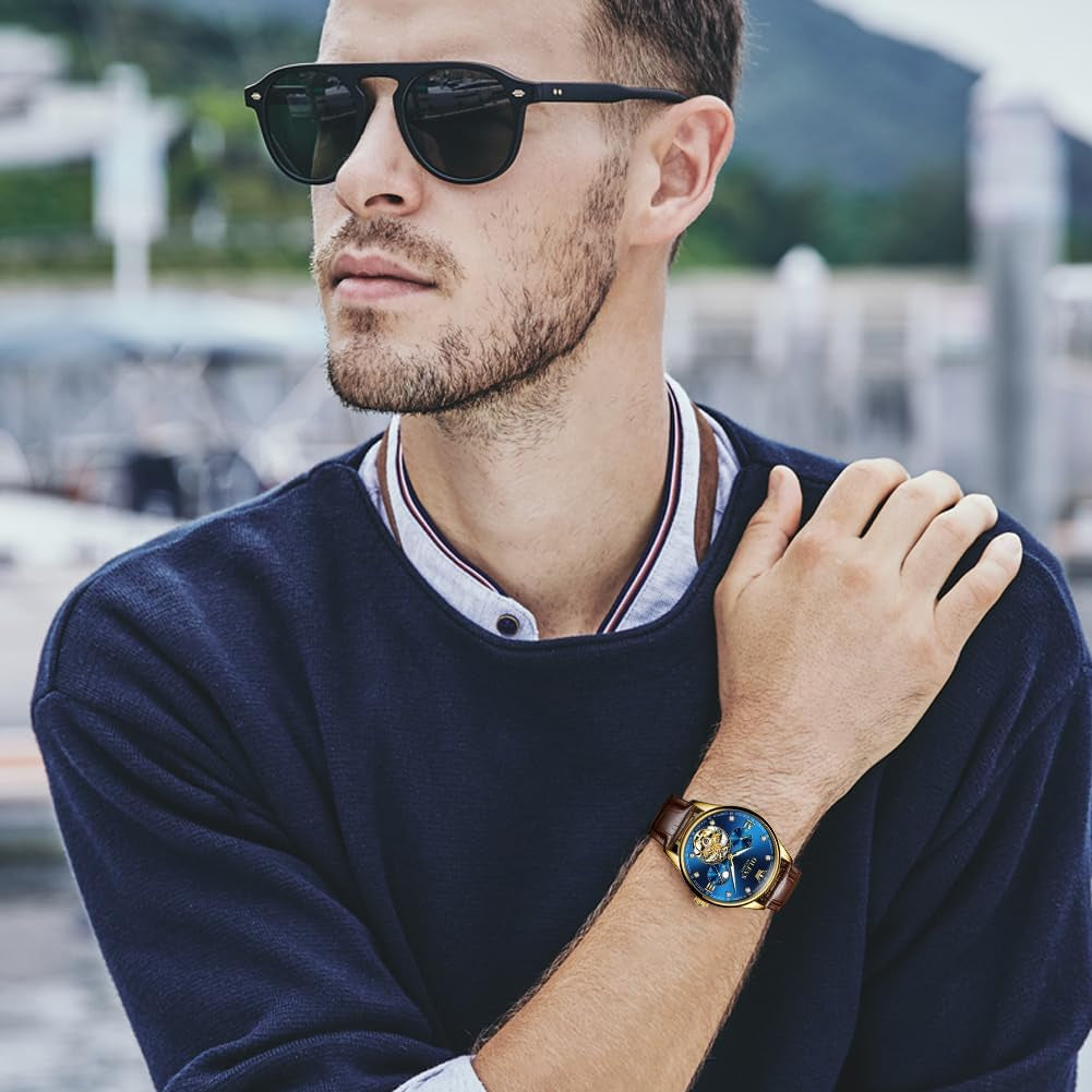 Dress Automatic Watch for Men Luxury Diamond Mechanical Self Winding Blue Face Brown Leather Strap Waterproof Luminous Men Wrist Watches
