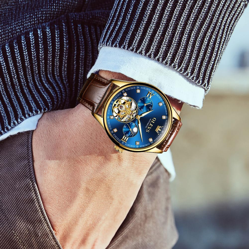 Dress Automatic Watch for Men Luxury Diamond Mechanical Self Winding Blue Face Brown Leather Strap Waterproof Luminous Men Wrist Watches