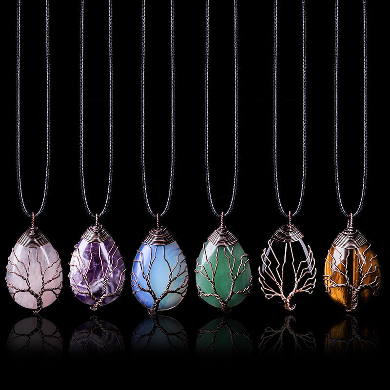 Crystal Drop-shaped Winding Tree Of Life Pendant Necklace Jewelry