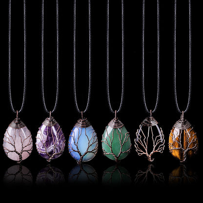 Crystal Drop-shaped Winding Tree Of Life Pendant Necklace Jewelry