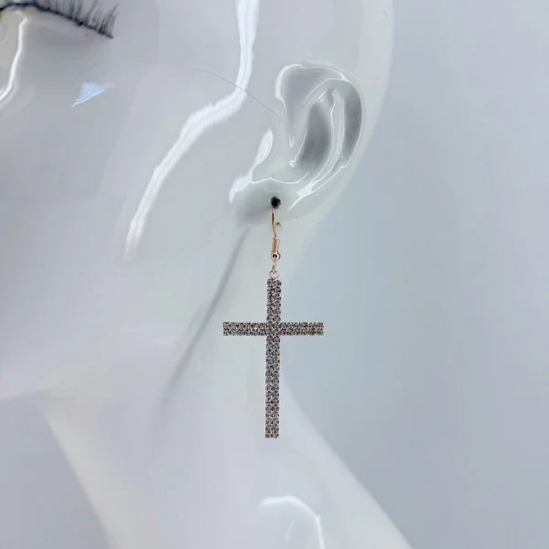 Rhinestone Drop Dangle Cross Earrings