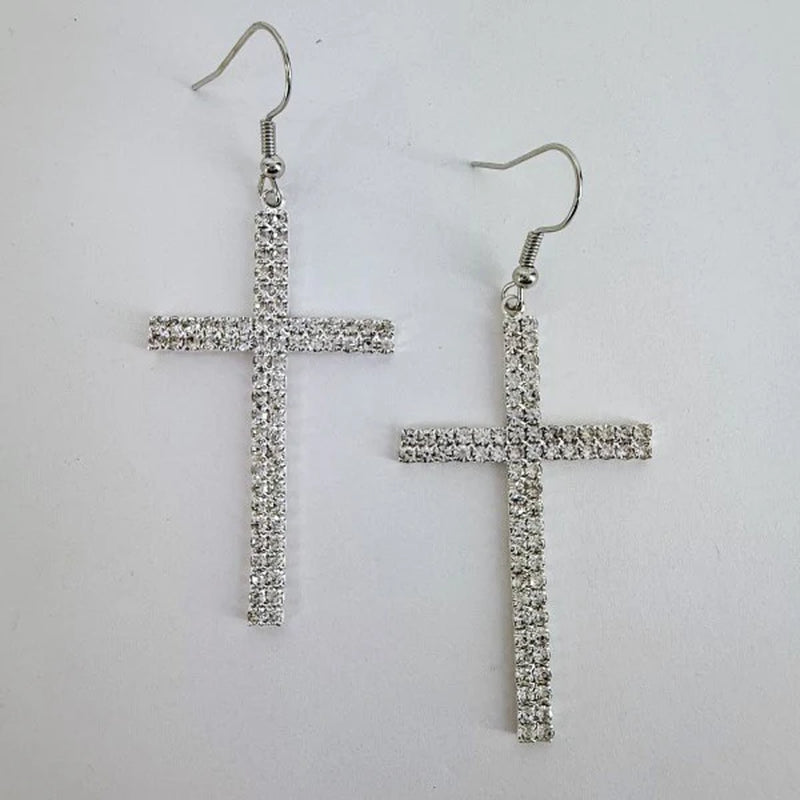 Rhinestone Drop Dangle Cross Earrings