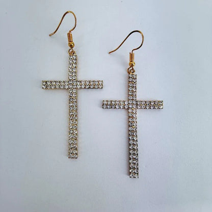 Rhinestone Drop Dangle Cross Earrings